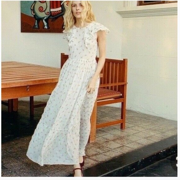 Doen Floral Embroidered Ruffle Midi Dress In Salt - Picture 2 of 14